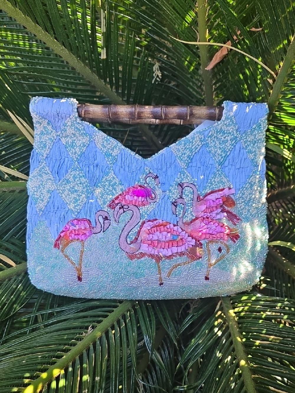 Embellished Flamingo Beaded Wooden Handle Bag in Light Blue and Pink